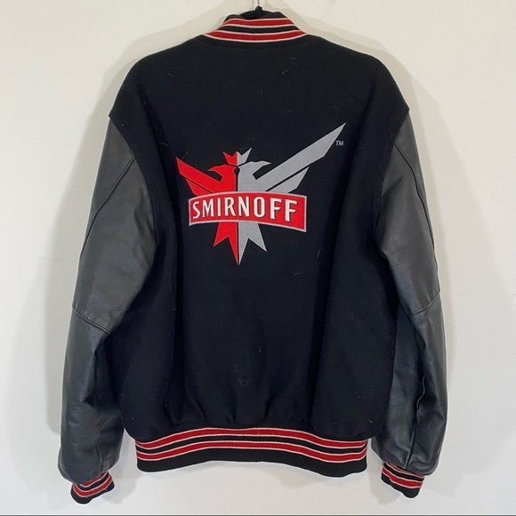 Vintage Smirnoff Vodka Leather Sleeve Varsity Letterman Bomber Jacket Red Large